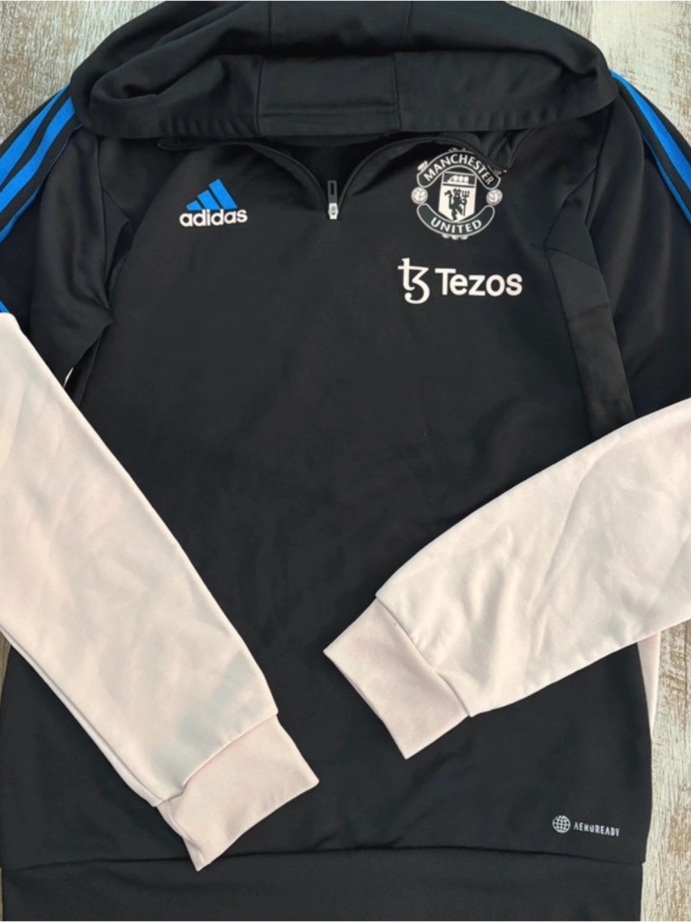 adidas Kids Black Jacket with Light Pink Sleeves and Blue Accents